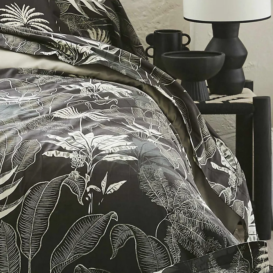 Tradilinge Drap plat en satin aux feuilles tropicales (240x310 cm - Gris anthracite) Clearance