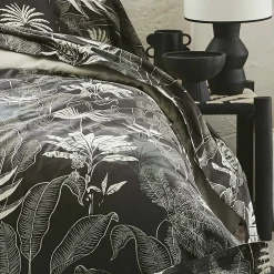 Tradilinge Drap plat en satin aux feuilles tropicales (280x325 cm - Gris anthracite)