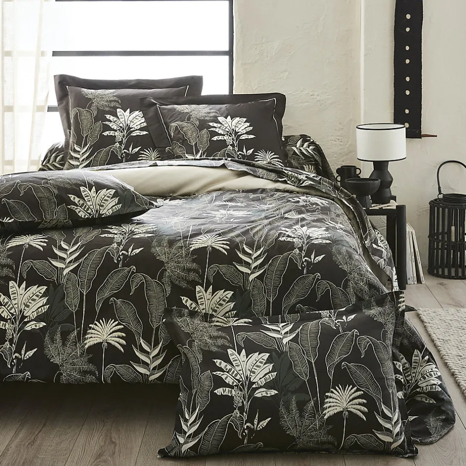 Tradilinge Drap plat en satin aux feuilles tropicales (280x325 cm - Gris anthracite)