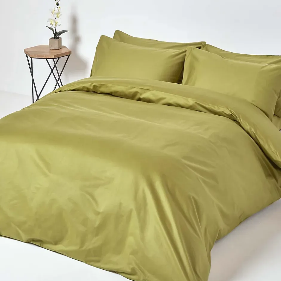 Homescapes Drap plat en satin de coton égyptien 1000 fils vert olive, 275x275 cm - Outlet