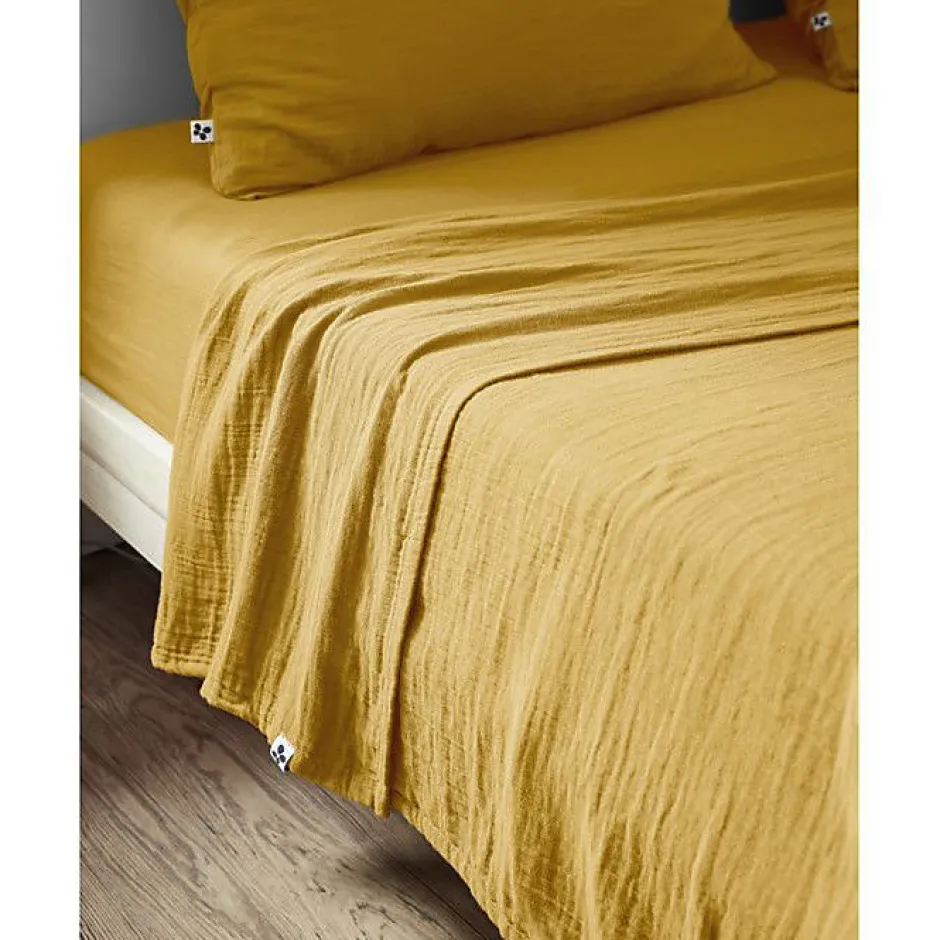 L'Effet Papillon Drap plat "Gaïa" toutes dimensions "Gaze de Coton" - Gaïa Safran - 240 x 300 cm pour lit 2 places New