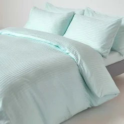Homescapes Drap plat satin rayé en coton égyptien 330 fils bleu, 240x275 cm -