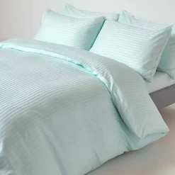 Homescapes Drap plat satin rayé en coton égyptien 330 fils bleu, 178x255 cm - New