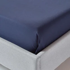Homescapes Drap plat uni 100 % coton égyptien 200 fils bleu marine, 178x255 cm - Sale