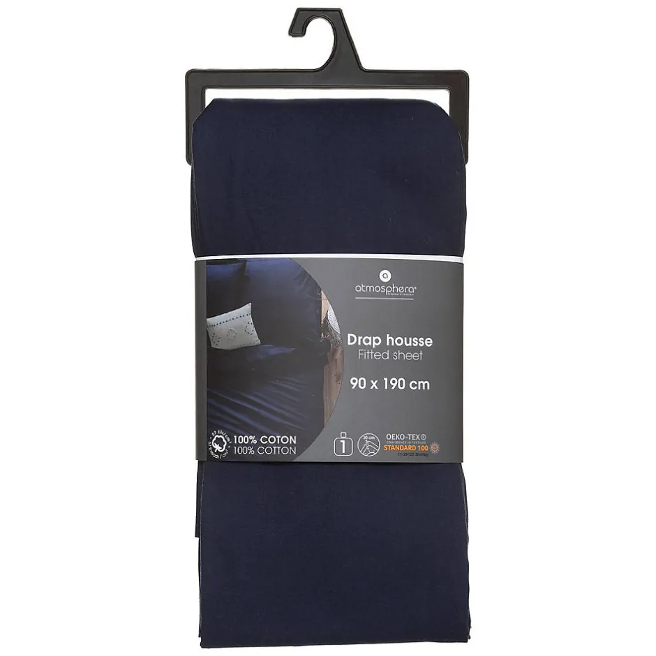 Atmosphera Créateur D'Intérieur Drap-housse en coton - bleu encre - bonnet H30cm - 90x190 cm - Atmosphera