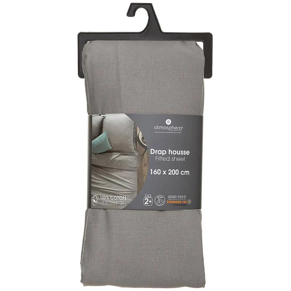 Atmosphera Créateur D'Intérieur Drap-housse en coton - gris - bonnet H30cm - 160x200 cm - Atmosphera