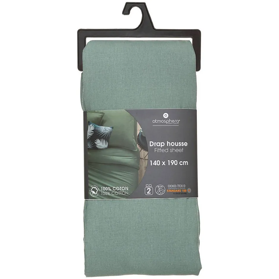 Atmosphera Créateur D'Intérieur Drap-housse en coton - vert céladon - bonnet H30cm - 140x190 cm - Atmosphera