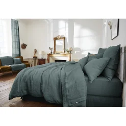 Meubletmoi Édredon 90 x 200 cm lin lavé bleu avec 4 nouettes en jute - LUISA