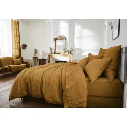 Meubletmoi Édredon 90 x 200 cm lin lavé caramel avec 4 nouettes en jute - LUISA Best