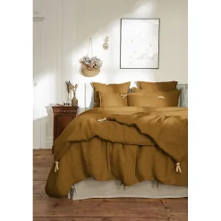 Meubletmoi Édredon 90 x 200 cm lin lavé caramel avec 4 nouettes en jute - LUISA Best