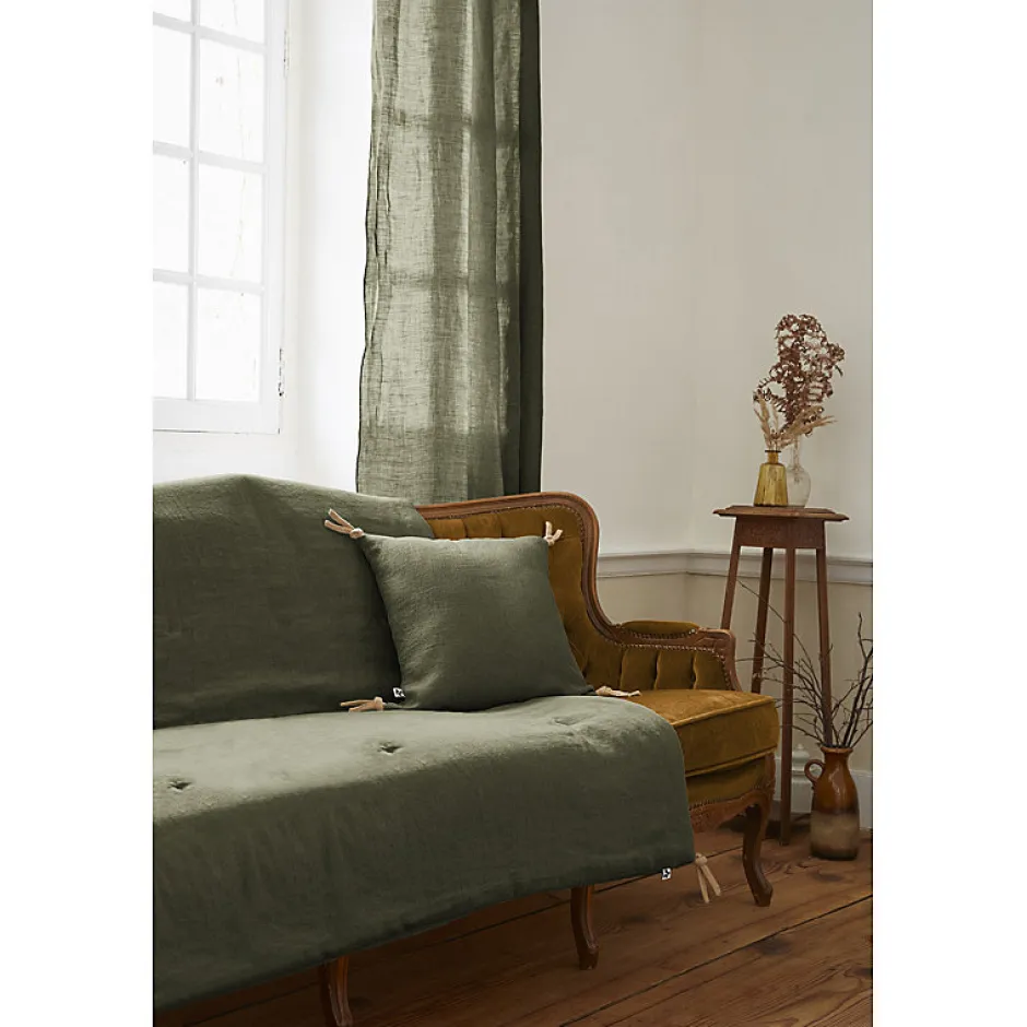 Meubletmoi Édredon 150 x 150 cm lin lavé vert avec 4 nouettes en jute - LUISA