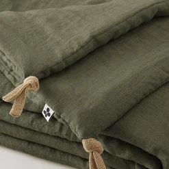 Meubletmoi Édredon 150 x 150 cm lin lavé vert avec 4 nouettes en jute - LUISA