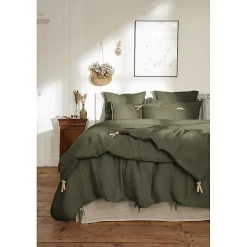 Meubletmoi Édredon 150 x 150 cm lin lavé vert avec 4 nouettes en jute - LUISA