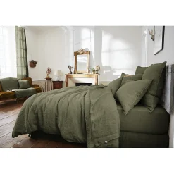 Meubletmoi Édredon 150 x 150 cm lin lavé vert avec 4 nouettes en jute - LUISA