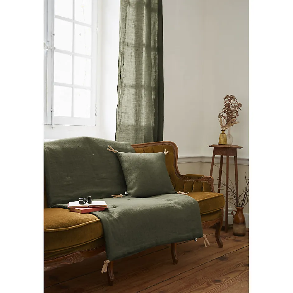Meubletmoi Édredon 90 x 200 cm lin lavé vert avec 4 nouettes en jute - LUISA