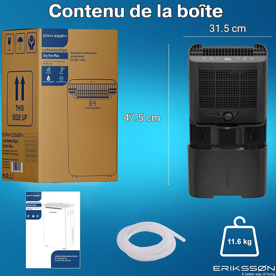 Eriksson Déshumidificateur 20 litres adapté pour chambre salon cave Dehumidifier