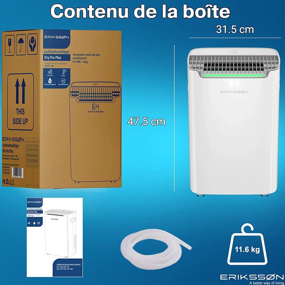 Eriksson Déshumidificateur 20 litres adapté pour chambre salon cave Dehumidifier Best