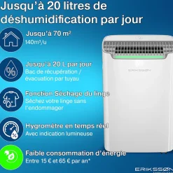 Eriksson Déshumidificateur 20 litres adapté pour chambre salon cave Dehumidifier Best