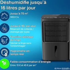 Eriksson Déshumidificateur 16 litres adapté pour chambre salon cave Dehumidifier Discount