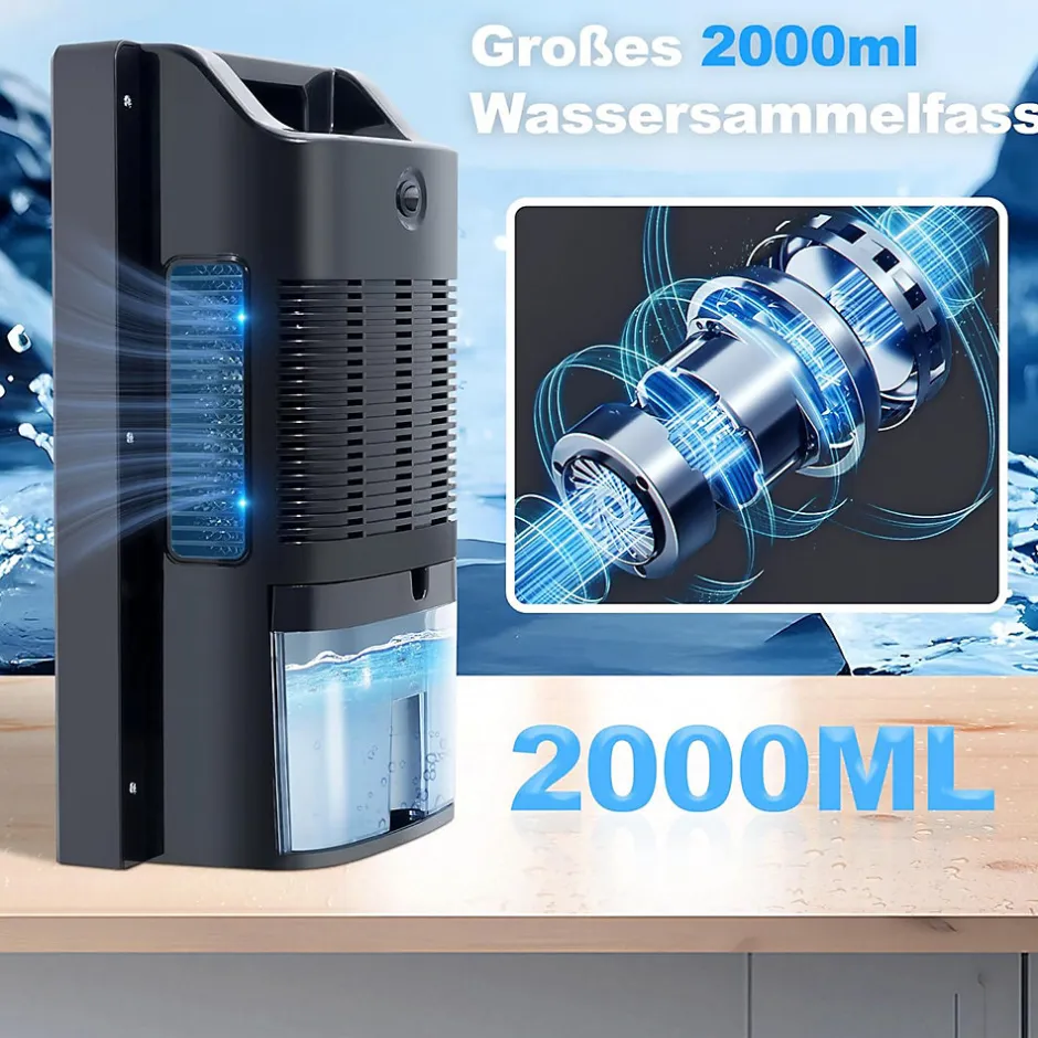 Nettlife Déshumidificateur 2000 ml avec télécommande, minuterie 24 h, nettoyage UV et mode veille (noir)