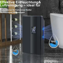 Nettlife Déshumidificateur 2000 ml avec télécommande, minuterie 24 h, nettoyage UV et mode veille (noir)