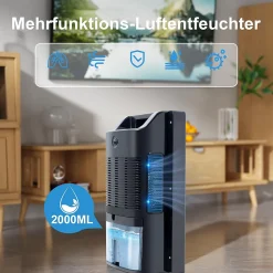 Nettlife Déshumidificateur 2000 ml avec télécommande, minuterie 24 h, nettoyage UV et mode veille (noir)