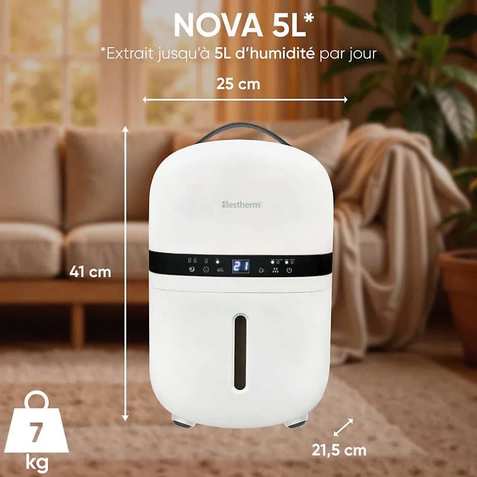 Bestherm Déshumidificateur d'air - Nova 5L/jour, réservoir amovible, filtre à charbon actif, ioniseur intégré
