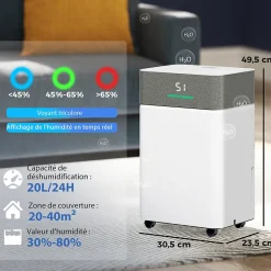 Homcom Déshumidificateur d'air 20L/jour mobile silencieux réservoir 4,5L timer 24H écran LED témoin d'humidité filtre lavable