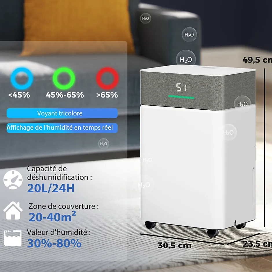 Homcom Déshumidificateur d'air 20L/jour mobile silencieux réservoir 4,5L timer 24H écran LED témoin d'humidité filtre lavable