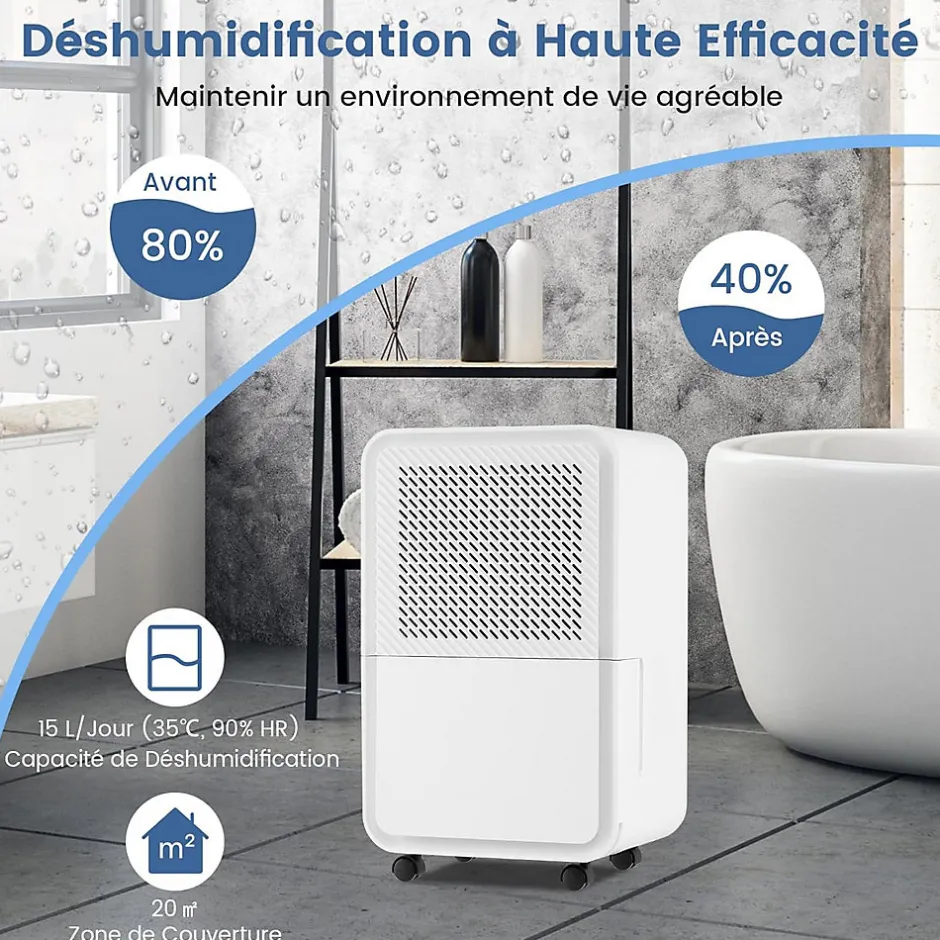Giantex Déshumidificateur d'air 15L/Jour, Réservoir d'Eau 2,4L,avec 2 Vitesses, 4 Roulettes,pour Salon, Bureau, Salle de Bain