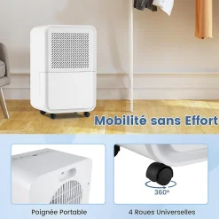 Giantex Déshumidificateur d'air 15L/Jour, Réservoir d'Eau 2,4L,avec 2 Vitesses, 4 Roulettes,pour Salon, Bureau, Salle de Bain