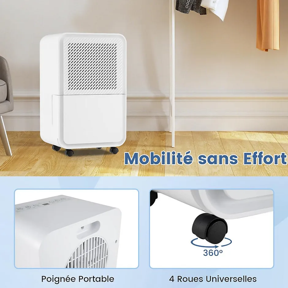 Giantex Déshumidificateur d'air 15L/Jour, Réservoir d'Eau 2,4L,avec 2 Vitesses, 4 Roulettes,pour Salon, Bureau, Salle de Bain