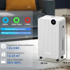 Homcom Déshumidificateur d'air 12L/jour mobile silencieux réservoir 2,1L timer 24H écran LED témoin d'humidité filtre lavable