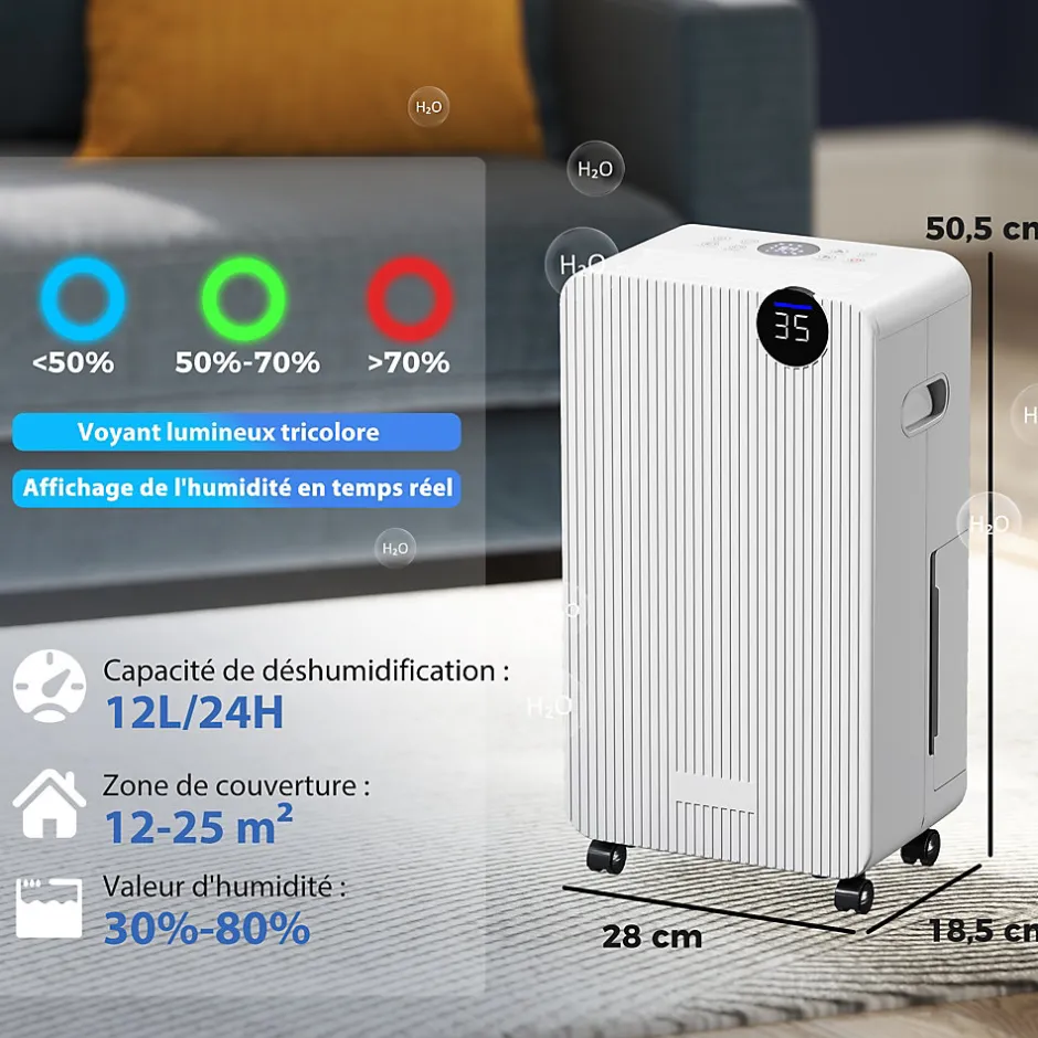 Homcom Déshumidificateur d'air 12L/jour mobile silencieux réservoir 2,1L timer 24H écran LED témoin d'humidité filtre lavable