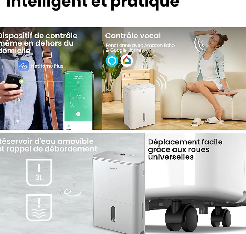 Nature Pro Déshumidificateur 2EN1,Elimine l'humidité jusqu'à 20LJour, Purification d'air avec ioniseur, 4 Modes, Fonction Air Swing