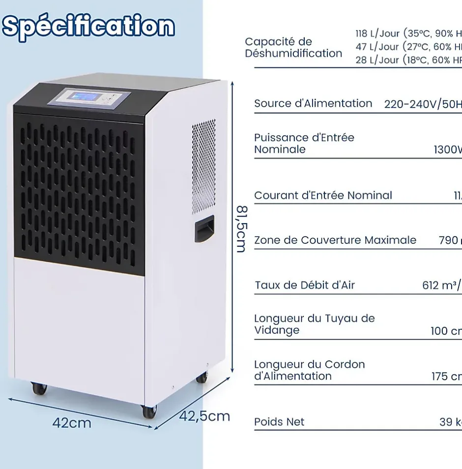 Giantex Déshumidificateur Industriel1300W,118L, Contrôle Humidité,avec 4 Roues, Minuterie 0-24H, pour Entrepôts et Caves Outlet