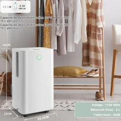 Giantex Déshumidificateur électrique 15L/Jour, 3 Modes, Minuterie 24H, 2 Vitesses du Vent, Réservoir d'Eau 2L, Blanc