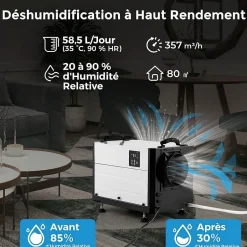 Giantex Déshumidificateur 58,5L/Jour, 2 Méthodes Drainage, 24 Minuterie, 2 Modes, Panneau de Contrôle ,Blanc
