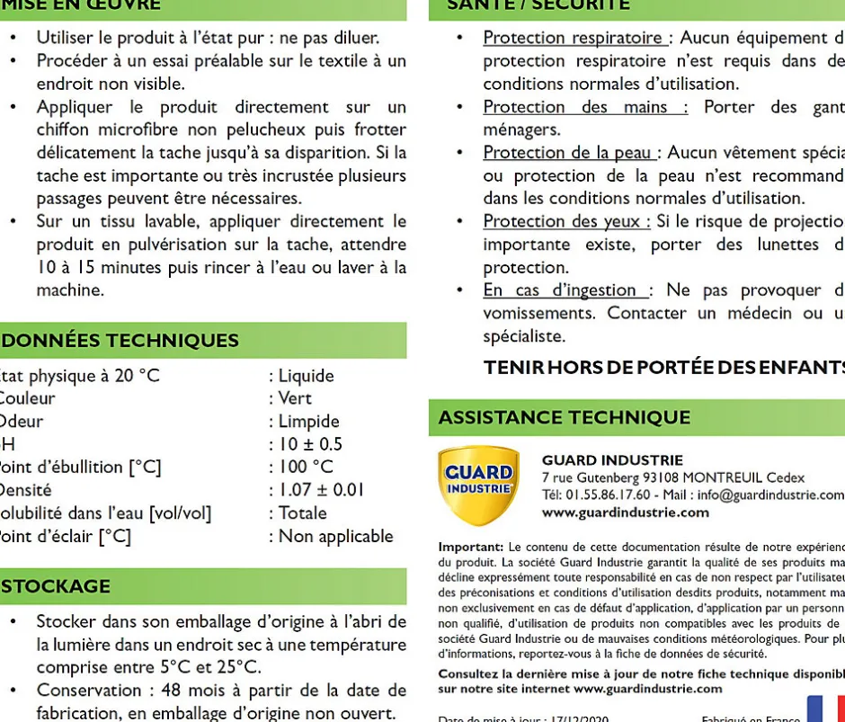 Guard Industrie Détachant tissu TexClean 500ml Tissu Matelas Canapé et Tapis Détachant et Nettoyant Professionnel Best