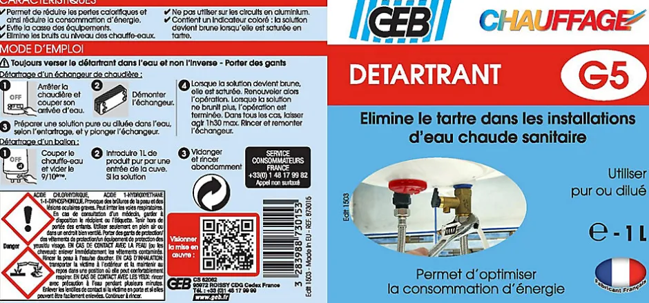 Geb Détartrant des installations sanitaires d'eau chaude , bidon 1 litre New