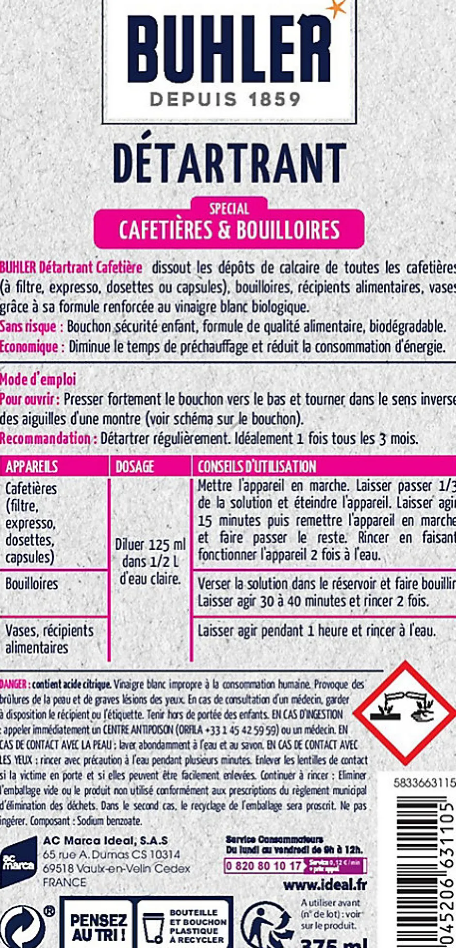 BUHLER Détartrant spécial cafetières et bouilloires 375ml