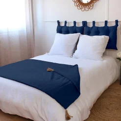 Home Maison Edredon Panama avec pompons en jute (90x190 cm - Bleu Marine)