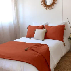 Enjoy Home Edredon Panama avec pompons en jute (90x190 cm - Brique)