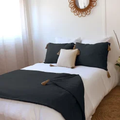 Enjoy Home Edredon Panama avec pompons en jute (90x190 cm - Gris Foncé)
