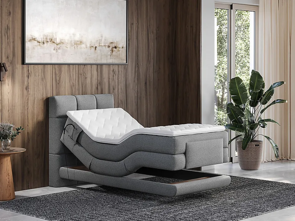 Vente-unique Ensemble complet boxspring tête de lit capitonnée + sommiers relaxation électrique + matelas + surmatelas - 100 x 200 cm - Tissu - Online
