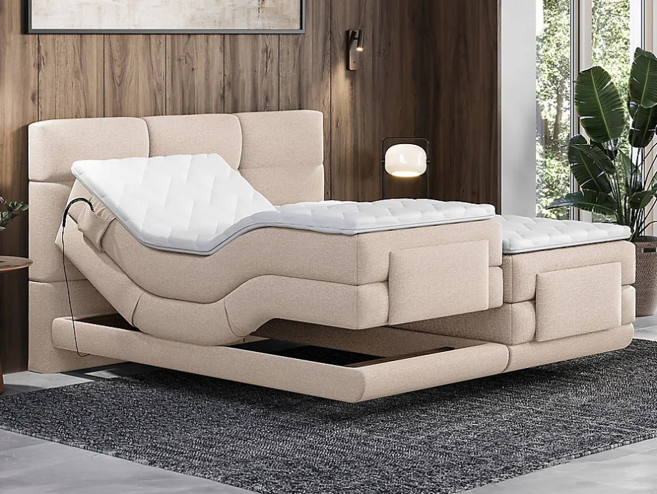 Vente-unique Ensemble complet boxspring tête de lit capitonnée + sommiers relaxation électrique + matelas + surmatelas - 2 x 80 x 200 cm -