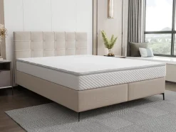 Vente-unique Ensemble complet boxspring tête de lit capitonnée + sommier + matelas + surmatelas - 180 x 200 cm - Tissu - Beige - INAO de YSMÉE