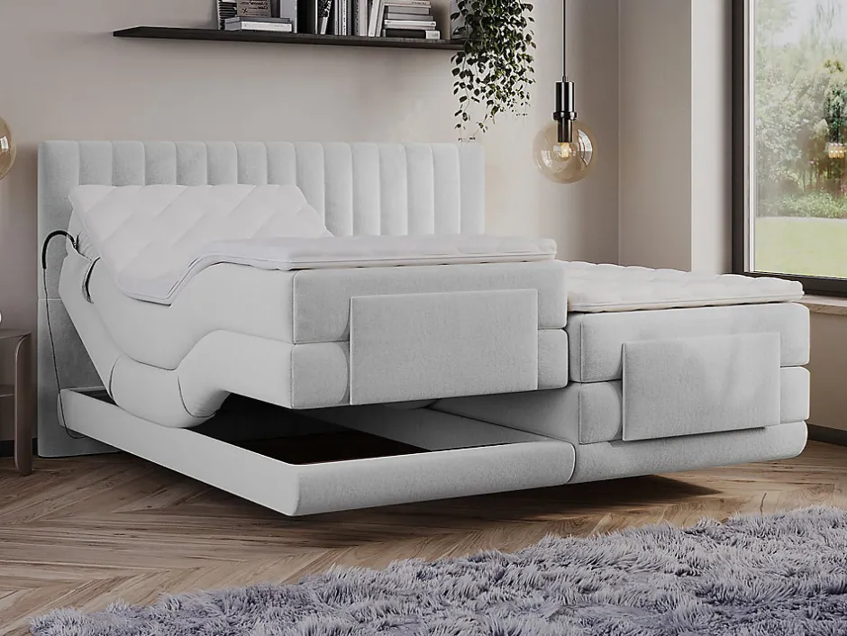 Vente-unique Ensemble complet boxspring tête de lit coutures verticales + sommiers relaxation électrique + matelas + surmatelas - 2 x 80 x 200
