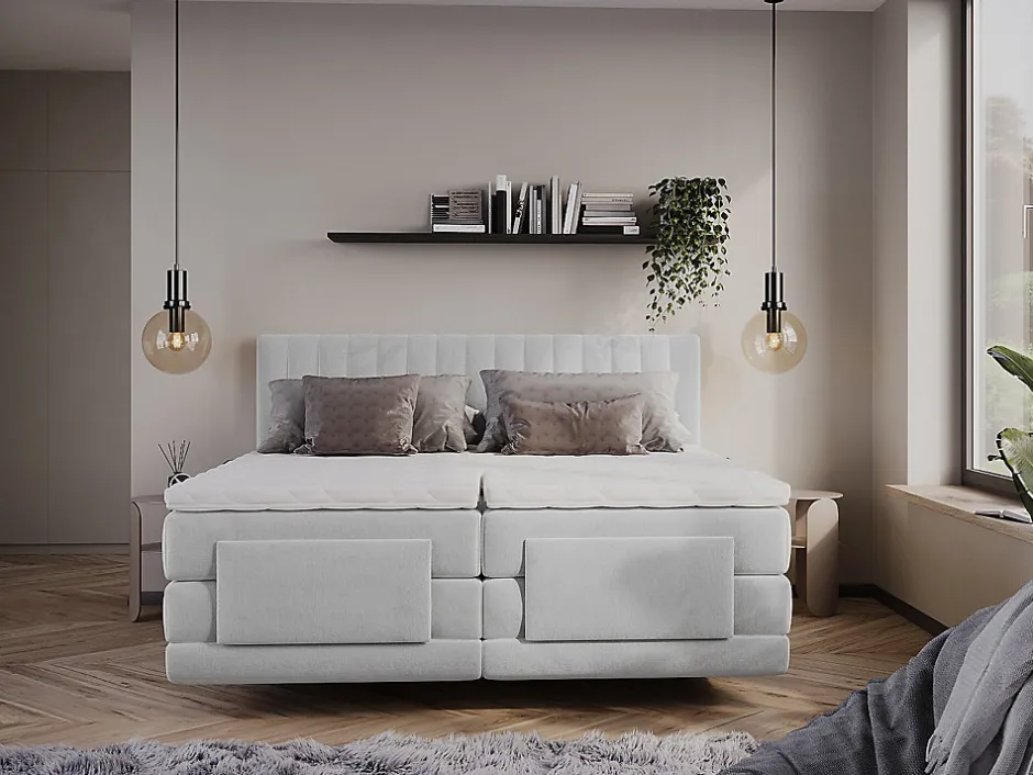 Vente-unique Ensemble complet boxspring tête de lit coutures verticales + sommiers relaxation électrique + matelas + surmatelas - 2 x 80 x 200