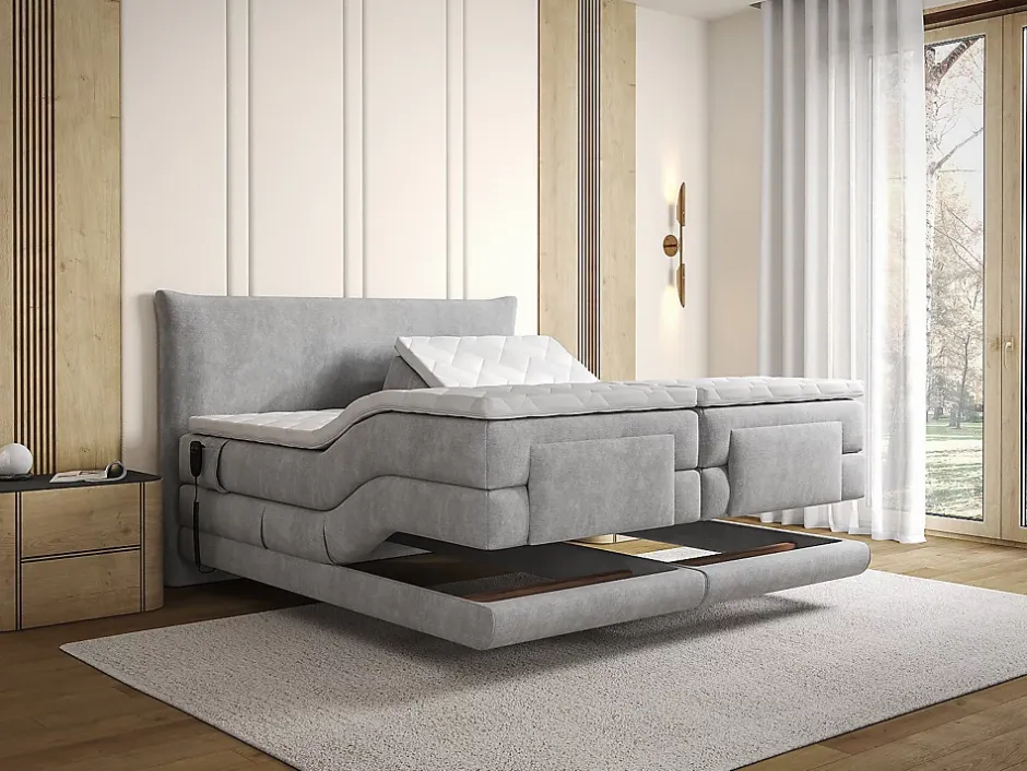 Vente-unique Ensemble complet boxspring tête de lit + sommiers relaxation électrique + matelas + surmatelas - 2 x 90 x 200 cm - Tissu - Gris Sale